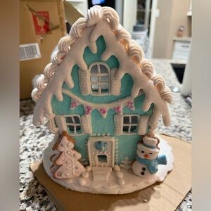Valerie Parr 8.5” Joy Gingerbread House with Snowman - Blue and White